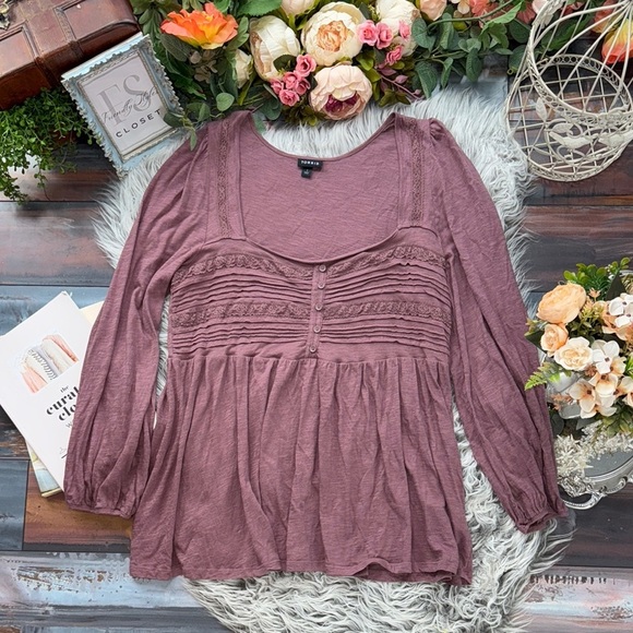 Torrid Cotton Boho Modal Slub Square Neck Rose Taupe Pintuck Babydoll Top, 1X - Picture 2 of 9